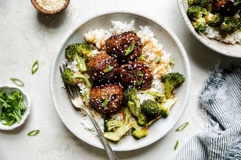 Soy-Glazed Ginger Turkey Meatballs (Easy 35-Minute Dinner!) | PWWB Hoisin Meatballs, Asian Style Meatballs, Teriyaki Chicken Meatballs, Baked Chicken Meatballs, General Tso's Chicken, Meatballs And Rice, Easy Teriyaki Chicken, Thai Chili, General Tso Chicken