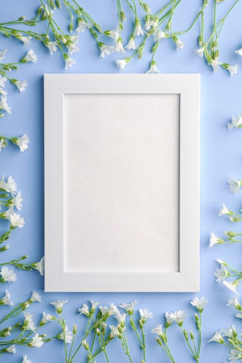 White empty photo frame with mouse-ear c... | Premium Photo #Freepik #photo #flower #frame #floral #photo-frame Flowers On Blue Background, Pink Spring Flowers, White Photo Frames, Photo Frame Wallpaper, Instagram Photo Frame, Old Picture Frames, Picture Frame Shelves, Picture Frame Decor, Photo Frame Design