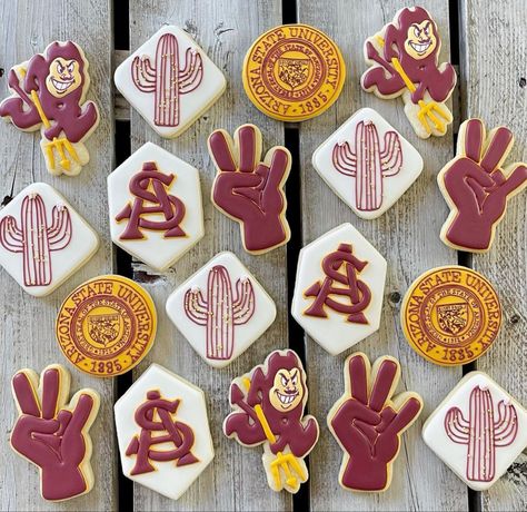 Asu Graduation Party, Sorority Cookies, Asu Graduation, Grad Party Food, College Grad Party, School Cookies, Graduation Desserts, Party 2023, Grad Party Decorations