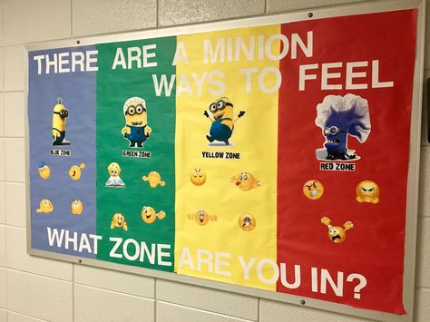 "There are a Minion ways to feel...What ZONE are you in?"  Speech Therapy - ZONES of Regulation Bulletin Board Zones Of Regulation Bulletin Board, Zones Of Regulation Display, School Counseling Bulletin Boards, Minion Classroom, Counseling Bulletin Boards, Social Work Offices, Work Bulletin Boards, Board Classroom, Zones Of Regulation