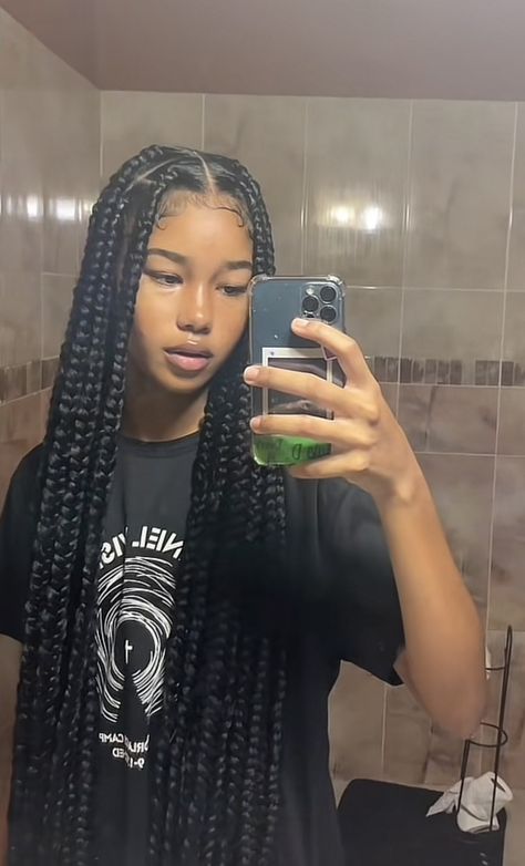 Long jumbo braids Box Braids Chunky, Thick Long Box Braids, Big Braid Ideas For Black Women, Coi Leary Long Braids, X Large Box Braids, Long Chunky Braids, Big Braids Black Women, Jumbo Braid Pigtails, Box Braids Jumbo Long