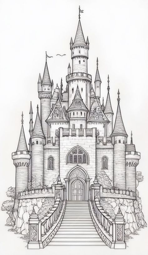 Disneyland Castle Drawing, Fantasy Castle Drawing, Skecting Ideas, Monument Drawing, Palace Drawing, Easy Realistic Drawings, File Drawing, Castle Sketch, Background Sketch