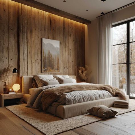 Chocolate Bedroom Ideas, No Headboard Ideas, No Headboard Ideas Bedroom, Wooden Wall Bedroom, Headboard Ideas Bedroom, Bedroom Wall Panel, Wall Panel Ideas, Modern Bedroom Interior Design Ideas, Chocolate Bedroom