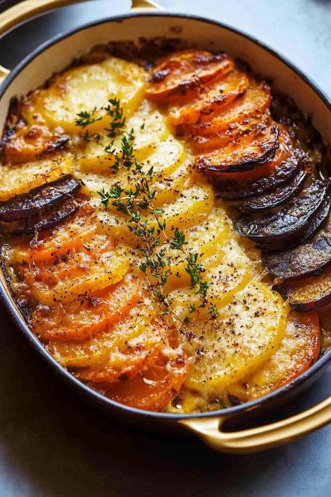 Root Veg Gratin, Healthy Harvest Recipes, Parmesan Gruyere Potato Gratin, Root Veggie Bake, Root Vegetable Gratin Ina Garten, Ratouille Recipe Veggies, Scalloped Root Vegetables, Christmas Vegetable Dishes Holidays, Root Veggie Recipes