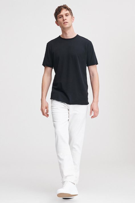 Men's white jeans and black T-shirt summer outfit. This outfit first appeared in the article: White Jeans Outfit Inspiration For Men: 16 Sophisticated Looks For 2022, on MensFlair.com Jeans Outfit Inspiration, Outfit Inspiration For Men, Black Top Outfit, Blue Oxford Shirt, Cool Looks, White Pants Outfit, Jeans Outfit Men, White Jeans Men, Pants Outfit Men