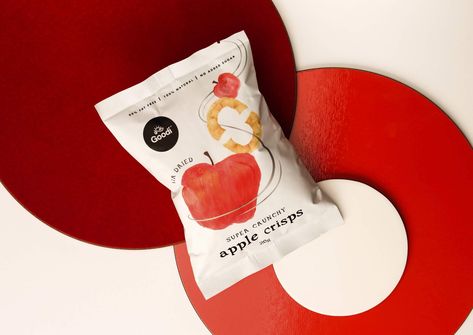 Goodi Apple Packaging Design, Healthy Snack Brands, Apple Packaging, Apple Crisps, Healthy Apple Crisp, Snacks Packaging, Cream Packaging, Snack Brands, Drink Packaging