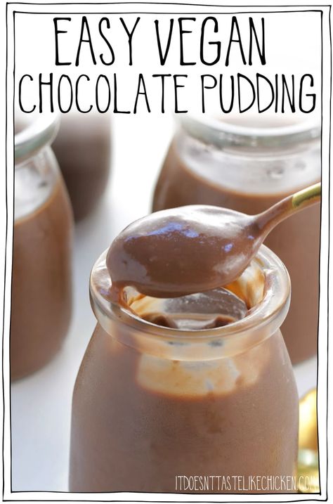 Easy Vegan Chocolate Pudding! Just 6 ingredients and 10 minutes to make. Super creamy chocolatey delicious, it's 20 thousand times better than those store-bought cups. The perfect addition to your school or work lunchbox, or for an easy dessert or snack! #itdoesnttastelikechicken #veganrecipes #vegankid #vegandessert Chocolate Pudding Cups, Vegan Chocolate Pudding, Vegan Pudding, Holidays Crafts, Chocolate Pudding Recipes, Plant Based Desserts, Like Chicken, Vegan Yogurt, Vegan Dessert