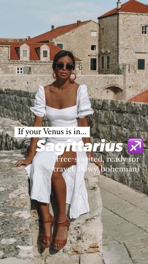 How to dress according to your Venus sign — ASHLINA KAPOSTA Venus In Leo Woman Style, Venus In Sagittarius Woman Style, Sagittarius Dressing Style, Dress Like Your Venus Sign Sagittarius, Dressing Like Your Venus Sign Sagittarius, Saggitarius Venus Aesthetic, Sagittarius Style Aesthetic, Venus Sagittarius Aesthetic, Sag Venus Style