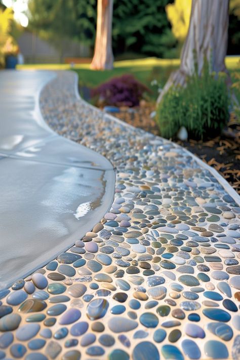 Curved backyard concrete patio with smooth edges and pebble accents under a tree, exemplifying creative cement outdoor spaces. Outdoor Concrete Floors, Pebble Patio, Garden Ladder, Pebble Garden, Pebble Floor, Concrete Patio Designs, Stone Landscaping, Natural Pond, Backyard Remodel