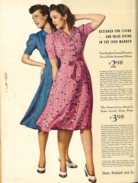 1940 Sears Spring & Summer Catalog Minneapolis Market 2 Housewife Dress, Vintage Fashion 1930s, Buttoned Dress, Sears Catalog, The 40s, 40s Fashion, Minneapolis Minnesota, Dressy Dresses, Romantic Dress