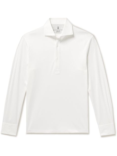 Find BRUNELLO CUCINELLI Cotton-jersey Polo Shirt It 44 on Editorialist. Few designers epitomise the concept of quiet luxury like Brunello Cucinelli. This long-sleeved polo shirt is made from classic cotton-jersey in a minimalist cut. The placket fastens with mother-of-pearl buttons. Luxury Polo Shirt, Brunello Cucinelli Men, Slim Fit Polo, Polo Shirt White, White Polo, Polo Sweater, Pique Polo Shirt, Quiet Luxury, Long Sleeve Polo Shirt