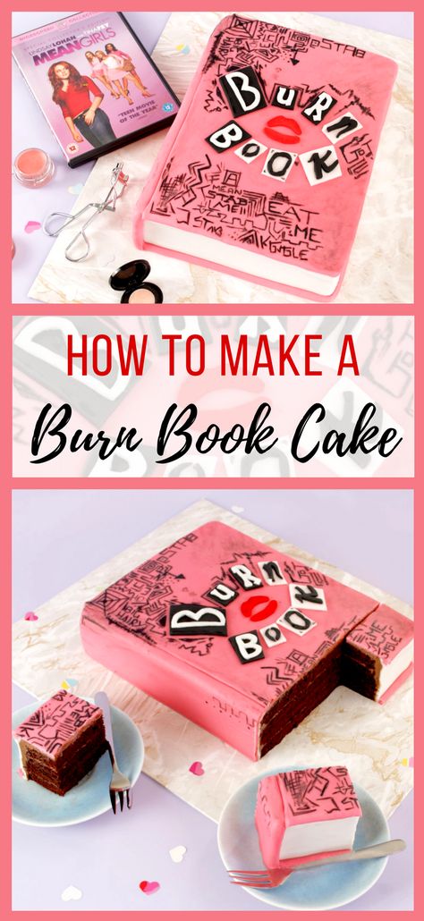 How to make a Mean Girls inspired Burn Book cake from the movie. I got an easy guide to make this awesome Devil's Food cake wrapped in fondant to make the perfect Mean Girls Party Cake Mean Girls Cupcakes, Mean Girls Cake Ideas, Burn Book Cake, Mean Girls Cake, Mean Girls Birthday Party Theme, Cake Boos, Born Book, 18th Birthday Cake For Girls