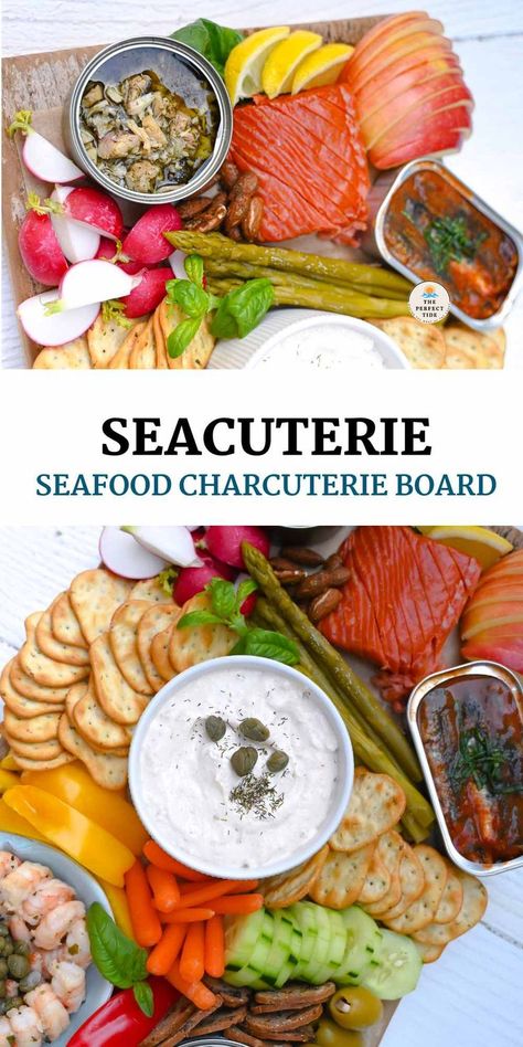 seacuterie board full of various seafoods Fish Charcuterie Board Ideas, Tinned Fish Charcuterie Board, Seacuterie Board Ideas, Easy Seafood Appetizers, Seafood Charcuterie Board, Seafood Charcuterie, Shrimp Crackers, Wedding Charcuterie, Seafood Appetizers Easy