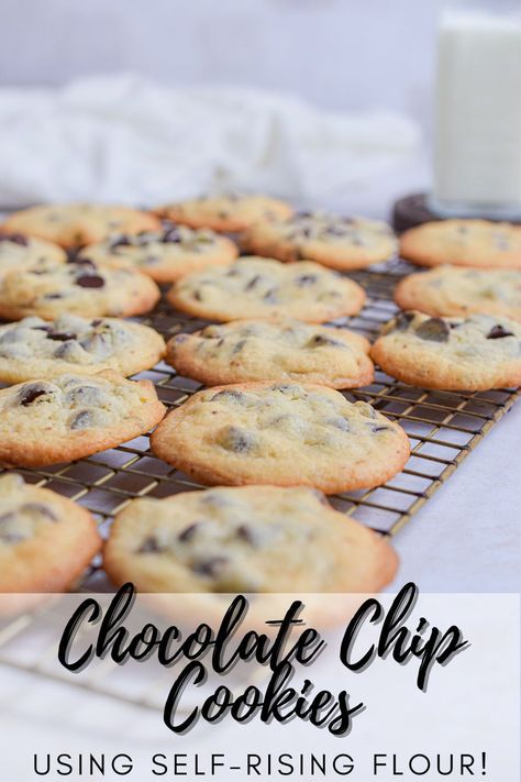 Chewy and full of chocolate chips, these Chocolate Chip Cookies with Self-Rising Flour don't need any extra leavening agents! Just a few simple ingredients you probably already have in your house! Homemade Chocolate Chip Cookies Self Rising Flour, Chocolate Chip Cookies Recipe With Self Rising Flour, Chocolate Chip Cookies With Self Rising, Chocolate Chip Cookies With Self Rising Flour, Chocolate Chip Cookies Self Rising Flour, Chocolate Chip Cookies Using Self Rising Flour, Self Rising Flour Recipes Cookies, Self Rising Flour Cookie Recipes, Self Rising Flour Cookies