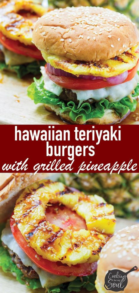 Hawaiian Teriyaki Burgers with Grilled Pineapple! This summer Hawaiian burger recipe is so easy to make and perfect for grilling. Made with seasoned beef, havarti cheese, teriyaki sauce, and grilled pineapple #burgers #hawaiianburger #teriyakiburger #summergrilling #cookingformysoul | cookingformysoul.com Hawaiian Burger Recipe, Grilled Fruit Dessert, Hawaiian Burger, Teriyaki Burgers, Healthy Nutrition Plan, Havarti Cheese, Grilled Fruit, Havarti, Summer Grilling Recipes