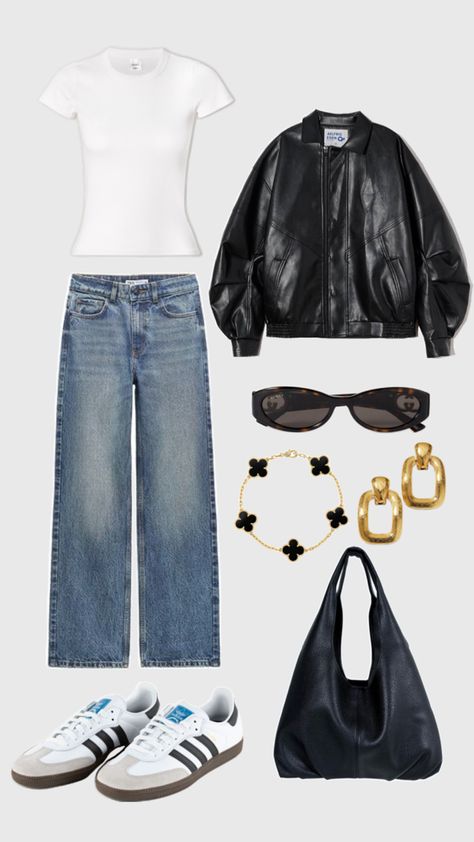 Outfit Ideas | Back To School | Trendy Outfits | Leather Jacket #trendy #clothes #outfits #adidas #sambas #leatherjacket #style #fashion Adidas Sambas, Outfit Inspo Casual, Leather Jacket Outfits, Adidas Outfit, Clothes Outfits, Trendy Clothes, Jacket Style, Jacket Outfits, Adidas Jacket