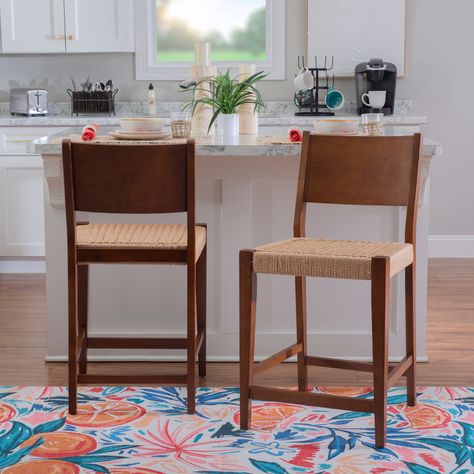 Powell Crawford 24" Indoor Wood Counter Stool with Handwoven Rope Seat, Set of 2, Brown/Natural - Walmart.com Counter Stools With Backs, Brown Bar Stools, Modern Counter Stools, Wood Counter Stools, Modern And Traditional Decor, Counter Bar, Stools With Backs, Wood Counter, Metal Bar Stools