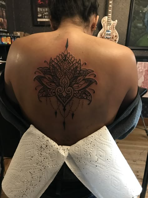 Lotus flower tattoo Large Lotus Flower Back Tattoo, Mandela Back Tattoos For Women, Lotus Flower Tattoo On Back, Mandela Back Tattoo, Lotus Flower Back Tattoo, Lotus Back Tattoo, Tattoo Sleeve Women, Back Tattoos For Women, Flower Tattoo Back