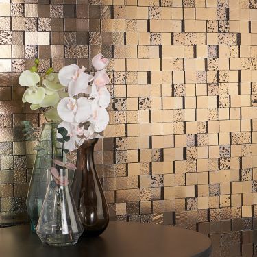 Brown Tiles | TileBar.com Bronze Color Palette, Lava Art, Copper Tiles, Shower Style, Mosaic Tile Backsplash, Stone Mosaic Tile, Tile Trends, Mosaic Pattern, Stone Surface