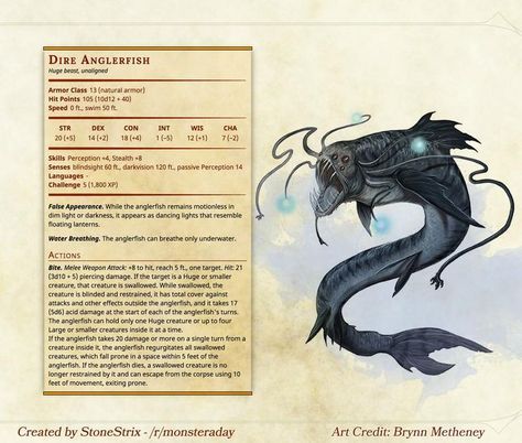 Dire Anglerfish Dnd Aquatic Monsters, Dnd Homebrew Creatures, Homebrew Monsters, Ocean Monsters, Dnd Monster, Monster Manual, Navi A Vela, Dungeon Master's Guide, Dungeons And Dragons 5e