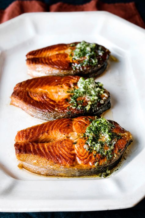 These 18 Salmon Recipes Were Hand-Selected by Hungry Bears (i.e., You’ll Love Them) | Special enough for company, quick enough for weeknights Salmon Steak Recipes, Salmon Steaks, Side Dishes For Salmon, Nancy Silverton, Seafood Chowder, Salmon Steak, Steak Recipe, Roasted Salmon, Butter Recipe