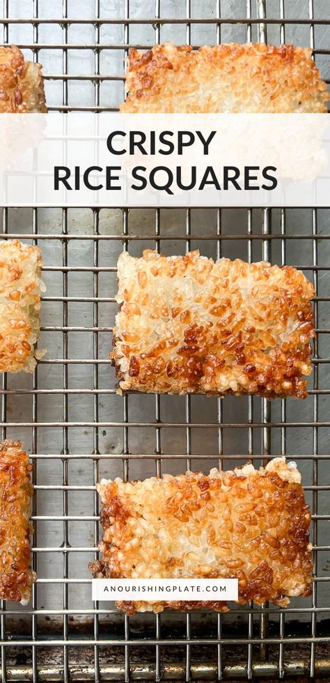 Learn how to make seasoned crispy rice squares with this easy method. They're a great crunchy rice base for Asian-style canapés or any type of appetizer. Korean Crispy Rice, Crispy Rice Squares, Rice Squares Fried, Fried Sushi Rice Squares, Crispy Rice Balls, Baked Crispy Rice, Crispy Rice Rolls, Crispy Rice Cakes, Rice Crackers Recipe