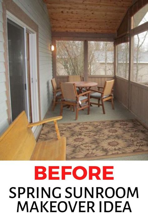 Decorating on a budget? check out the before and after photos of this sunroom remodel for some inspiration. The bold color scheme for trimmings instantly updates this old looking space. #diy #sunroom #makeover Small Enclosed Porch, Sunporch Ideas, Diy Sunroom, Small Sunroom Ideas, Sunroom Renovation, Sunroom Makeover, Sunroom Remodel, Cozy Sunroom, Small Sunroom