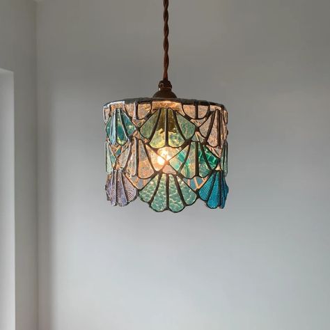 Stained Glass Lamp Shades Patterns, Stained Glass Ceiling Light, Stained Glass Lantern, Hanging Tiffany Lamp, Stained Glass Fanlight, Stained Glass Lamp Aesthetic, Stained Glass Lighting, Stained Glass Lamp Shades, Lighting Stained Glass Neutral Chandelier