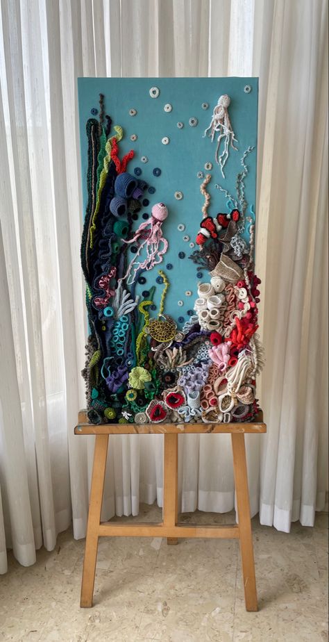 Crochet On Canvas Wall Art, Crochet Aquarium, Soft Painting, Crochet Coral, Coral Painting, Freeform Crochet, Surf Art, Coral Reef, 3d Art