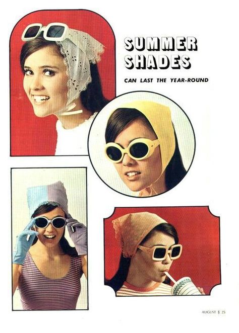 1960s sunglasses ad .... Remember how we always wore the triangle scarves? Sims Recolor, 60s Moodboard, 1960s Costumes, 1960s Sunglasses, 1960s Aesthetic, Sweet Charity, 1960's Fashion, 70s Aesthetic, Summer Shades