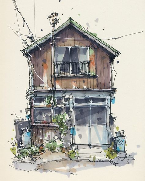 Albert Kiefer on Instagram: “Japanese house #drawthisinyourstyle by @nivotwe Photo by @xooo36ooox  #sketch #fineliner #urbansketchers #urbanillustration #archisketcher…” Albert Kiefer, Arch Sketch, Wash Painting, Vegetable Shop, Building Sketch, Watercolor Architecture, House Sketch, Architecture Drawing Art, Illustration Ideas