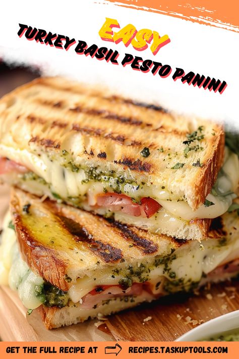 Discover the ultimate flavor combination with this Easy Turkey Basil Pesto Panini recipe. Perfectly grilled with tender turkey, fresh basil pesto, and melty cheese, this sandwich is a quick and delicious meal option for lunch or dinner. Packed with vibrant ingredients, its a delightful way to elevate your everyday meals. Ideal for busy weekdays or leisurely weekend lunches, this panini is sure to impress. Dive into the deliciousness and enjoy every bite of this gourmet delight! Pesto Panini Sandwiches, Basil Pesto Sandwich, Pesto Turkey Sandwich, Panini Grill Recipes, Turkey Pesto Panini, Turkey Panini Sandwiches, Turkey Pesto Sandwich, Turkey Panini Recipes, Weekend Lunches