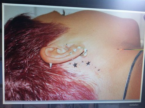 Behind The Ear Tattoo Ideas Stars, Behind Ear Star Tattoo, Sideburn Tattoo Women, Star Tattoos Behind Ear, Neck Tattoo Women, Tats Ideas, Pagan Tattoo, Behind Ear Tattoos, Star Tattoo Designs