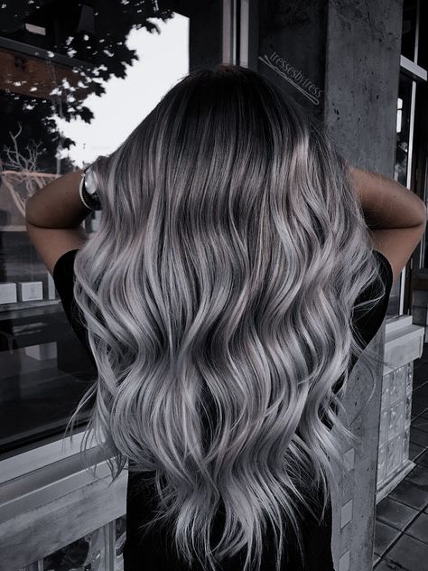 Smokey Grey Balayage, Smokey Blue Balayage, Silver Hair With Black Roots, Auburn And Silver Hair, Silver Grey Ombre Hair, Smokey Silver Grey Hair, Dusty Grey Hair, Grey Bayalage Hair Long, Silver Hair Dark Roots