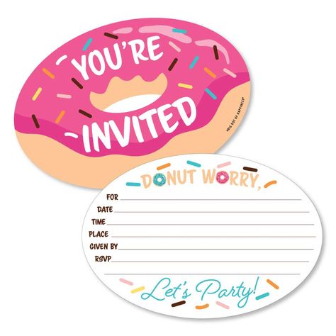 Paper Donut, Donut Birthday Party Invitations, Doughnut Party, Donut Worry, Donut Birthday Parties, Sprinkle Party, Donut Party, Fill In The Blank, Donut Shop