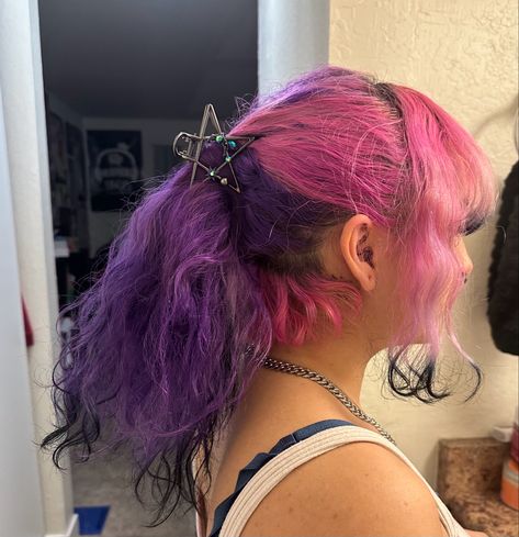 Pink Hair With Purple Underneath, Black Pink And Purple Hair, Pink Purple Black Hair, Pink And Purple Curly Hair, Purple Hair With Black, Purple Hair With Pink Highlights, Half Pink Half Purple Hair, Hair With Black Tips, Mlp Moodboards