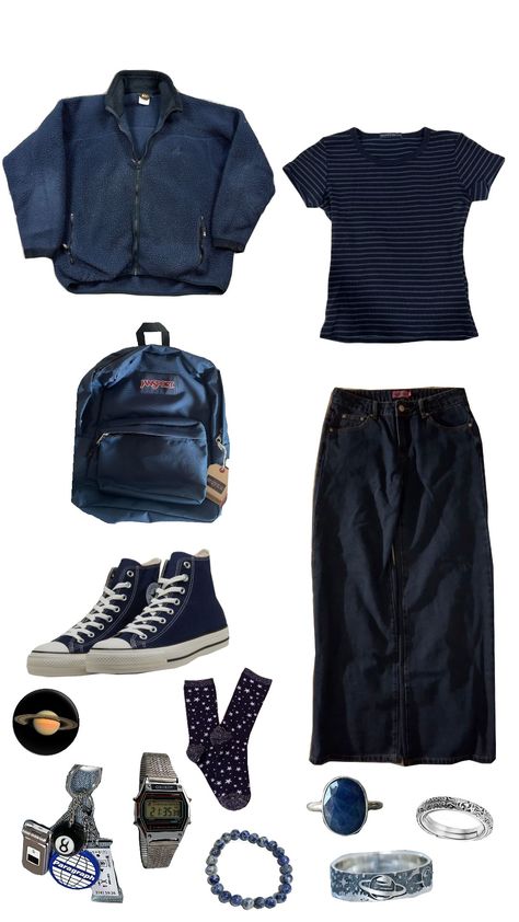 #blue #blueaesthetic #astronomy #astrophysics #vintage #universe #saturn #planets #outfit #flatlay Planets Outfit, Astronomer Outfit, Space Core Outfits, Zayn Malik Concert, Astronomer Aesthetic, Aesthetic Outfit Men, Space Core, Outfit Flatlay, Core Outfits