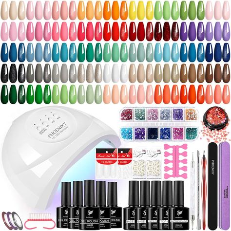 Amazon.com : PHOENIXY Gel Nail Polish Kit with UV Light, 58Pcs Gel Nail Polish Kit with 48W Nail Lamp Manicure Tools Gel Nail Kit Gifts for Women : Beauty & Personal Care Basic Manicure, Nail Kit Gift, Nail Polish Kit, Nail Color Trends, Gel Nail Kit, Nail Polish Set, Nail Polish Kits, Gel Nail Colors, Glitter Top