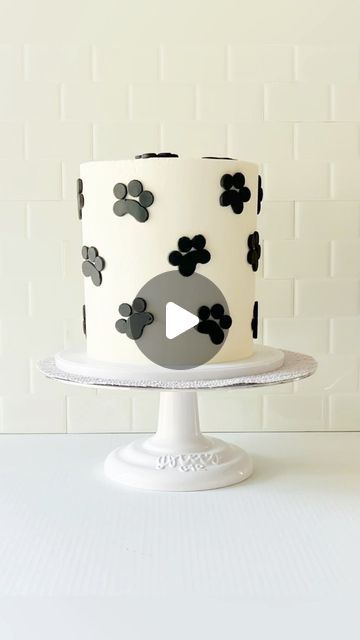 Sugar Cove Sweets by Brittany Bolus on Instagram: "Easy Paw Print Cake 🐾   I love the simplicity and contrast 🖤🤍 I used a buttercream transfer method for this cake! I was too nervous to pipe buttercream directly on the cake (especially black on white 😅)   So I piped the paw prints on parchment squares, and pressed them onto the cake using a spatula to get an even press!  🐾 Make sure cake is very chilled before applying paw prints so they set quickly!  🐾 Pop cake back in the fridge for at least 30 minutes to ensure parchment won’t stick to the buttercream when removing!   Stay tuned to see the CUTEST puppy smash cake that went along with this one 🐶" Paw Print Cake Ideas, Simple Dog Cake Design, Paw Print Cake, Paw Print Cakes, Buttercream Transfer, Paw Cake, Fondant Dog, Dog Cake Recipes, Pop Cake