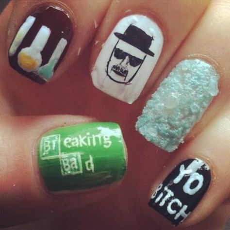 Breaking bad nails Breaking Bad Nails, Breaking Bad Tattoo, Bad Nails, Holo Taco, Holographic Nail Polish, Really Cute Nails, Holographic Nails, Cool Nail Designs, Breaking Bad