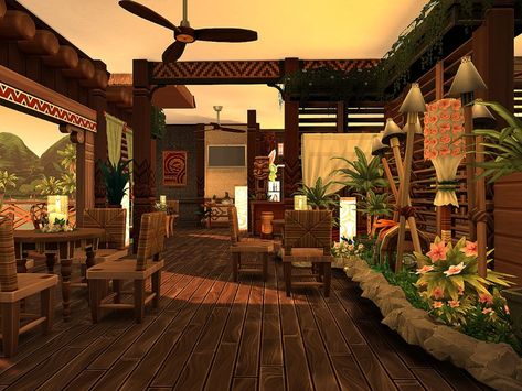 Tropical Cafe Bloxburg, Bloxburg Tiki Bar, Summer Resort Bloxburg, Mexican House Bloxburg, Bloxburg Tropical Resort, Bloxburg Resort Ideas, Bloxburg Tropical House, Tropical Bloxburg House, Bloxburg Treehouse