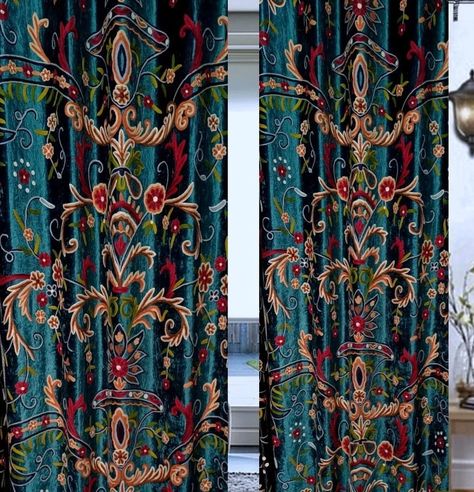 Buy One Get One-beautiful Vintage Teal Green Crewel Embroidery Curtain With Lining-luxury Curtain for Living Room-kashmir Handmade Crewel - Etsy Dark And Moody Interiors, Measuring Chart, Luxury Curtains, Home Furnishing Stores, Lined Curtains, Velvet Curtains, Crewel Embroidery, Master Bedrooms Decor, New Years Sales