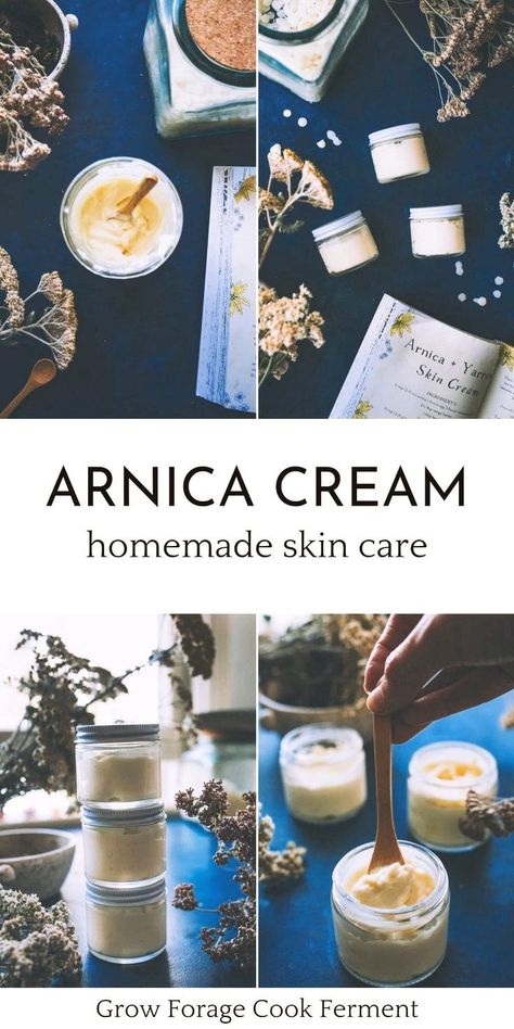 Yarrow & Arnica Cream: DIY Beauty Recipes & Homemade Beauty - If you're looking for a yarrow salve recipe or an arnica salve recipe, why not combine them together to make this luxurious herbal skincare recipe?! There are many arnica and yarrow skin benefits that make this DIY pain relief cream with arnica a must-have for your herbal medicine cabinet. Yarrow Salve, Arnica Salve, Arnica Cream, Herbal Medicine Cabinet, Skin Cream Recipes, Diy Lotions, Body Care Recipes, Herbal Skincare, Homemade Body Care