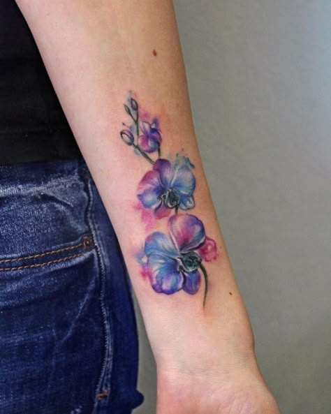 Watercolor Tattoo Flower Lily, Galaxy Orchid Tattoo, Small Watercolor Tattoos For Women, Watercolor Floral Tattoo, Blue Orchid Tattoo, Watercolor Orchid Tattoo, Genshin Tattoo, Purple Orchid Tattoo, Memorial Tattoos Mom