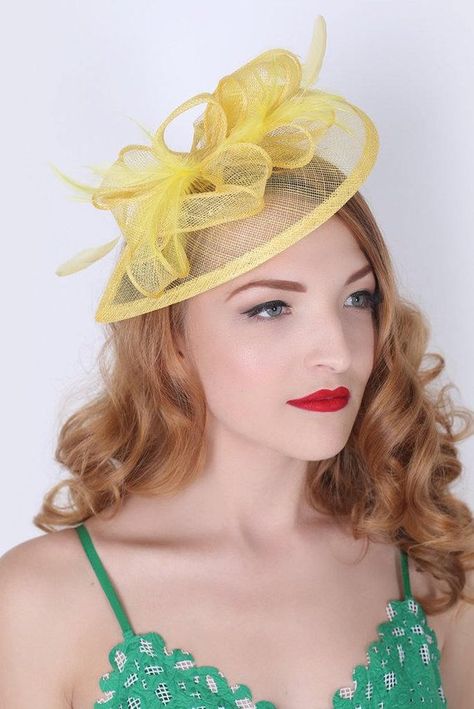 Hair Styles With Hats, Yellow Fascinator, Timeless Glamour, Yellow Feathers, Hat Fascinator, Yellow Hat, Mesh Hat, Fancy Hats, Mesh Ribbon