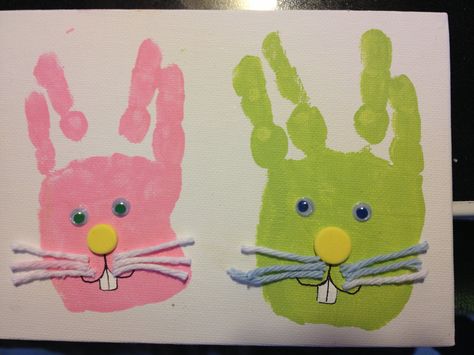 Hand Print Easter Bunnies!   Directions: paint child's hand, all but the thumb. Separate fingers and stamp. Add eyes, nose, teeth and whiskers.   Picture courtesy of Miranda Grant and Little Panda's Nursery Handprint Calendar, Preschool Easter, Panda Nursery, Easter Preschool, Mission Work, Thumb Prints, St Pats, Church Crafts, Easter Art