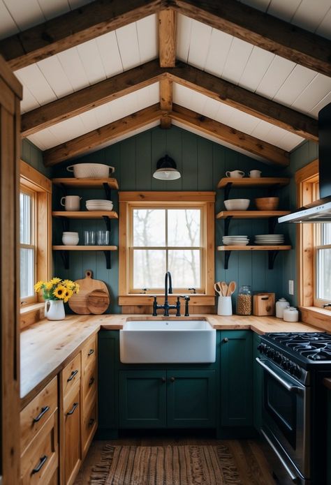 Rustic Cabin Kitchen Ideas for Tiny House Living: Maximizing Space and Style - DownsizeGeek Tiny Cabins Interiors Loft, Rustic Tiny Kitchen, Cabin Kitchen Modern, Shed House Kitchen, Cabin Walls Interior, Tiny Cabin Interiors Small Cottages, Green Cabin Kitchen, Cabin Home Decor Ideas, Cozy Tiny House Interior