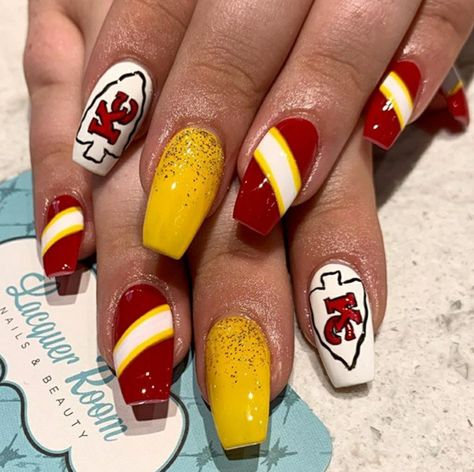 Chiefs Nails Design Kansas City, Kansas City Chiefs Acrylic Nails, Super Bowl Nails Chiefs, Kansas City Nails, Red And Yellow Nail Designs, Kansas City Chiefs Nails Designs, Chief Nails, Kansas City Chiefs Nails, Kc Chiefs Nails