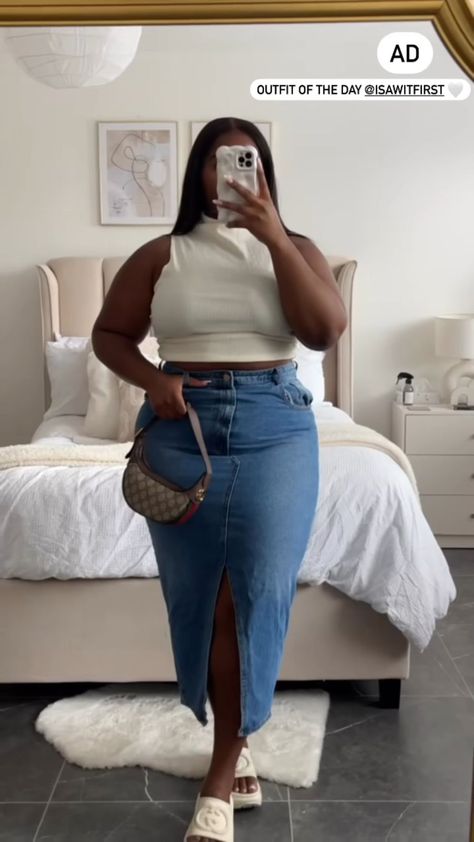 Summer Outfits Big Stomach, Plus Size Summer Outfits Big Stomach, Big Stomach, Plus Size Baddie Outfits, Simple Casual Outfits, Plus Size Summer Outfits, Denim Skirt Outfits, Curvy Fashionista, Full Figure Fashion