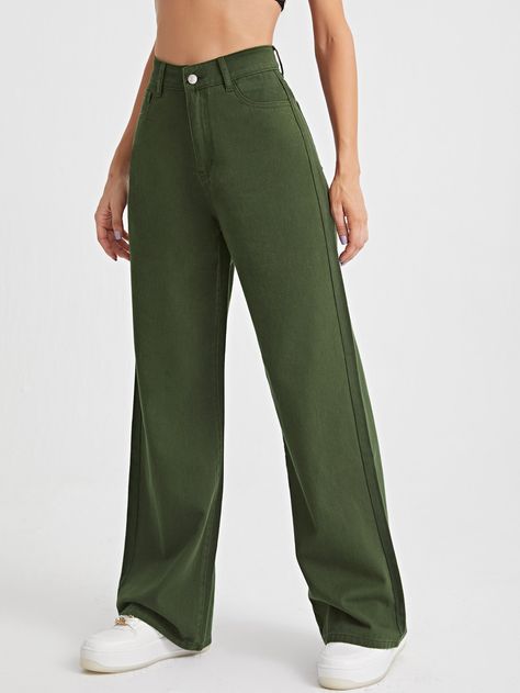 Army Green    Denim Plain Wide Leg  Non-Stretch  Women Denim Green Wide Leg Jeans, Wed Leg, Green Wide Leg Pants, Wide Leg Black Jeans, Korean Fashion Women Dresses, Army Green Jeans, Wide Leg Jeans Outfit, Christmas Dreaming, Christmas Wish List